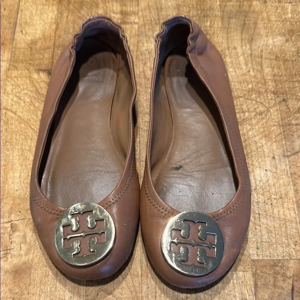 Tory Burch Tan Flats with Signature Logo